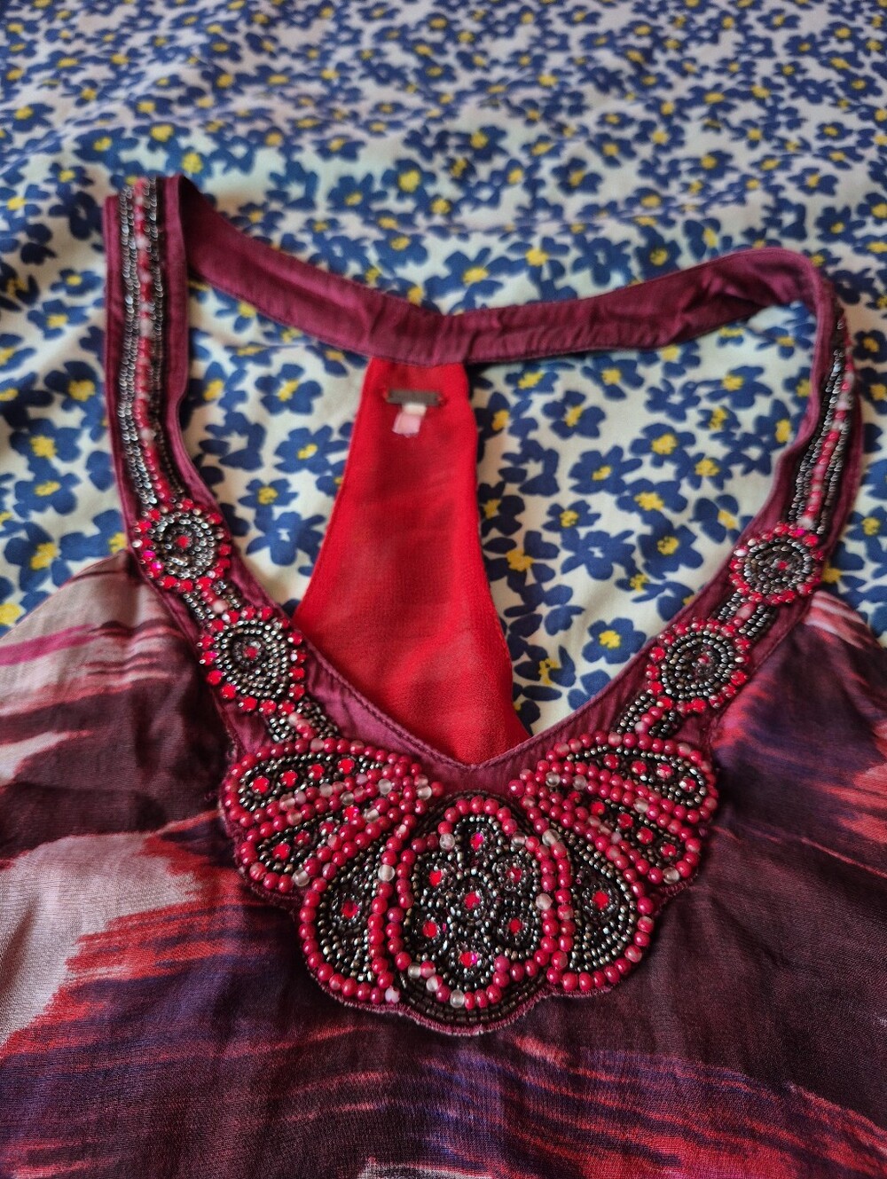 Free People Women’s Sleeveless Beaded Neckline Slip Dress in Pink and Burgandy - Picture 4 of 4